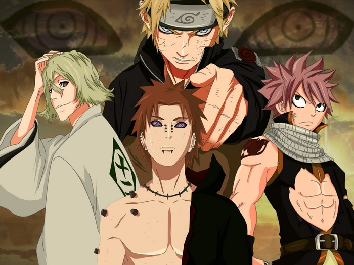 Naruto, Pain, Natsu, and Kisuke Urahara