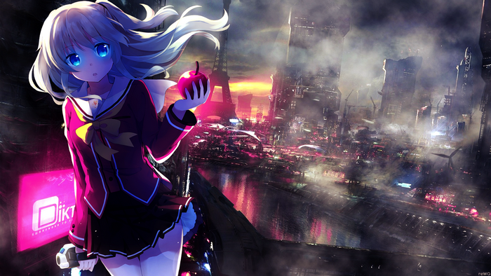 Nao Tomori from Charlotte holding an apple in a futuristic city