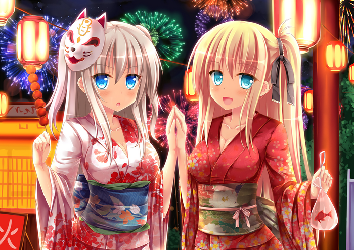 Two girls in kimonos at a festival with fireworks