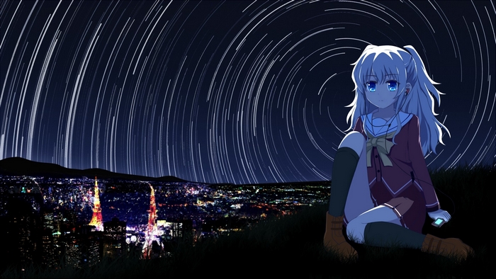 Nao Tomori under star trails over city