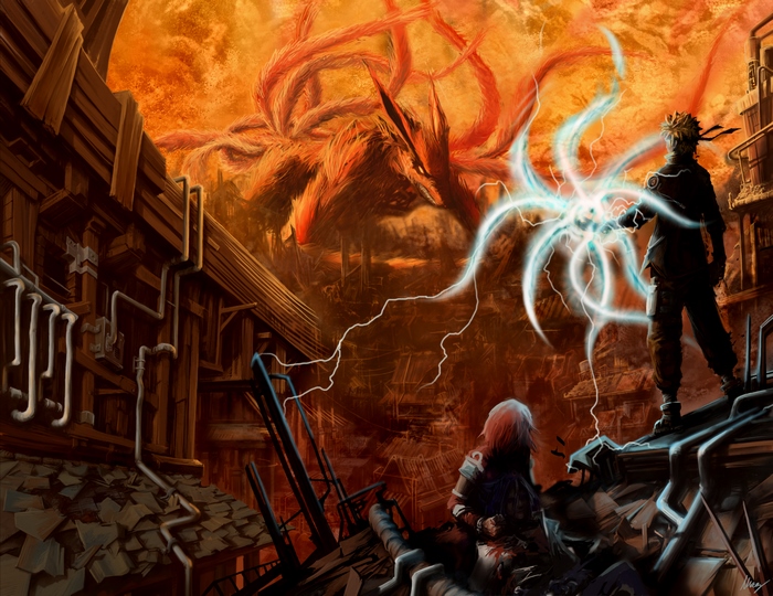 Naruto Uzumaki and Kurama fighting in a destroyed city