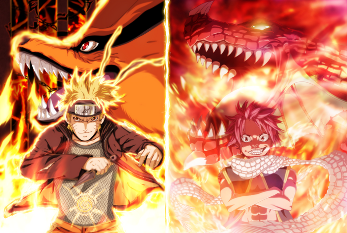 Naruto Uzumaki and Natsu Dragneel with Kurama and Dragon