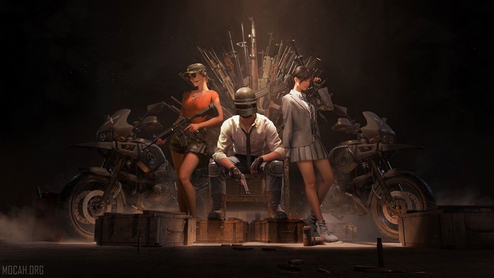 PUBG trio on weapon throne with motorcycles