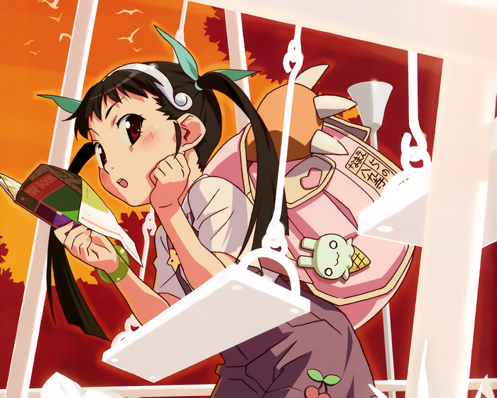 Mayoi Hachikuji reading a book on a swing