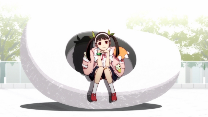 Mayoi Hachikuji sitting on a sculpture