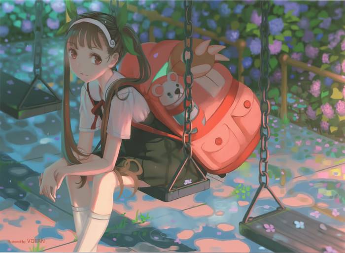 Mayoi Hachikuji sitting on a swing