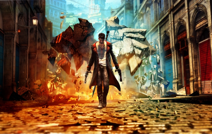 Dante from Devil May Cry in a destroyed city