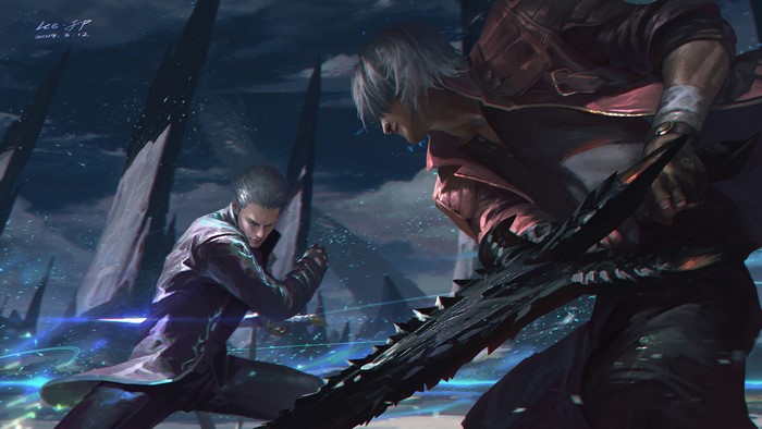 Dante and Vergil from Devil May Cry fighting