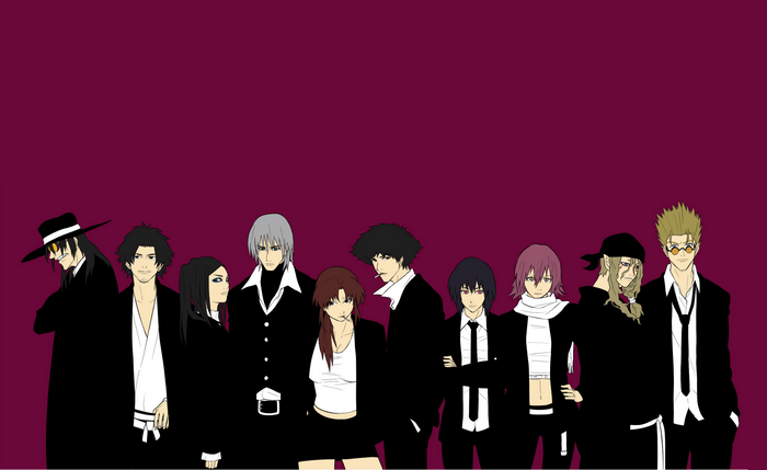 Group of anime characters in black suits