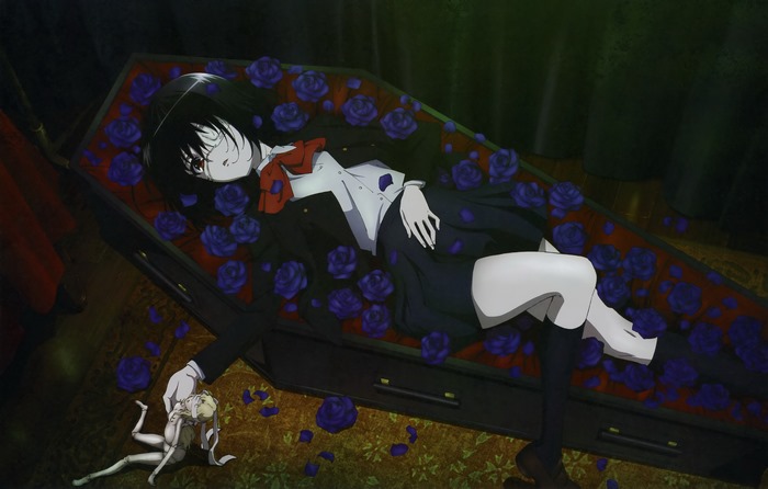Mei Misaki in a coffin with roses