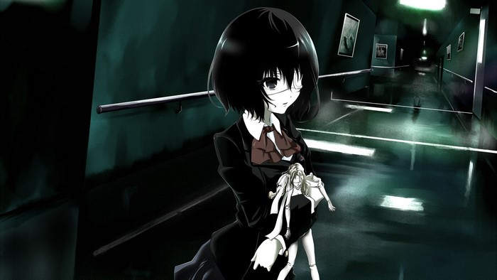 Mei Misaki holding a doll in a dark hallway