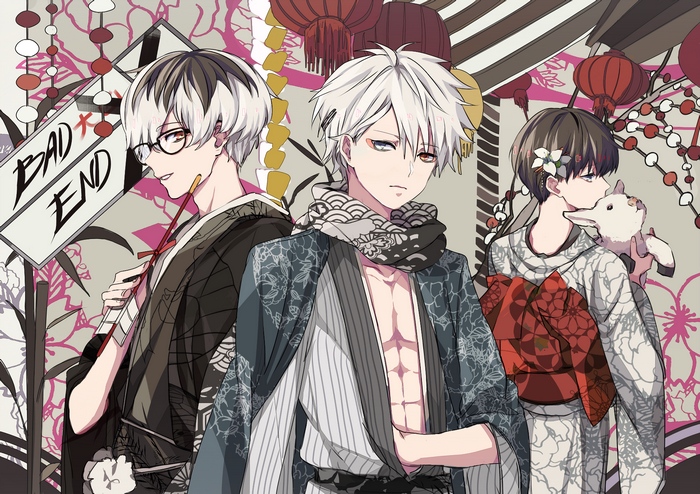 Three young men in kimonos with a sign that says BAD END