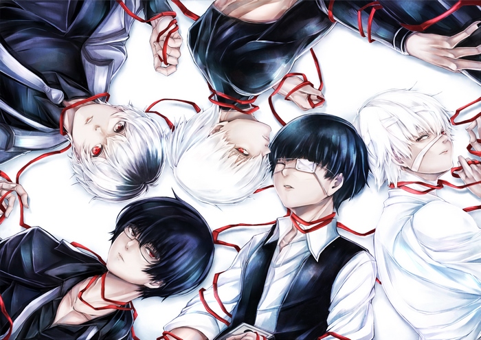 Characters from Tokyo Ghoul tied with red string