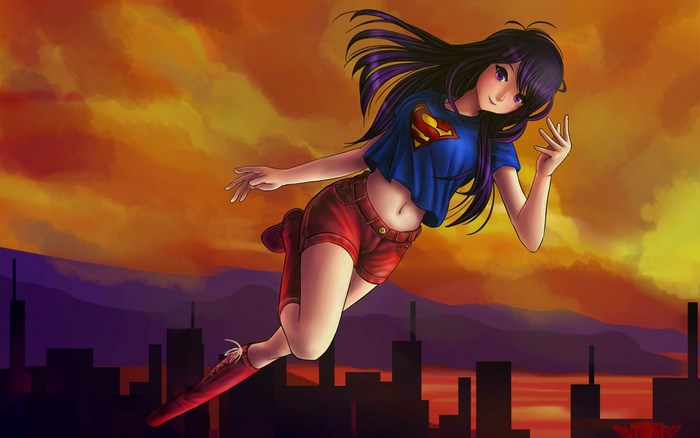 Supergirl flying over a city at sunset