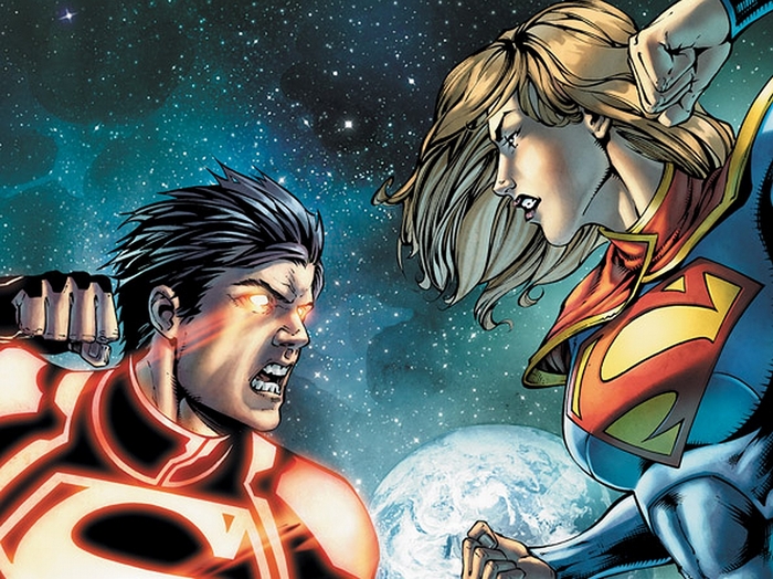 Supergirl and Mon-El fighting in space