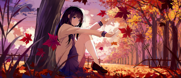 Eru Chitanda sitting under a tree in autumn