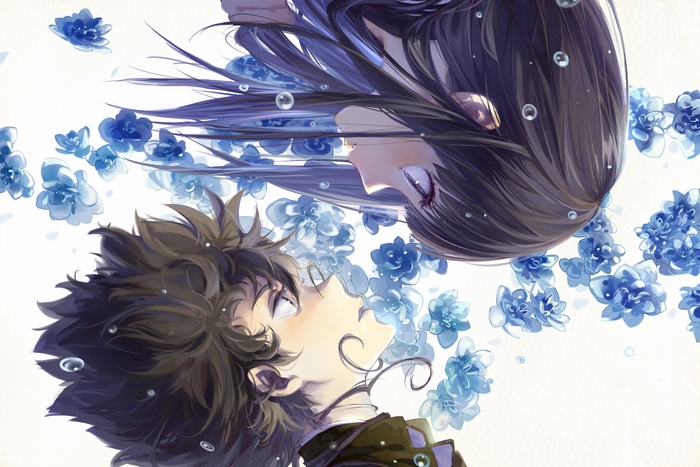 Eru Chitanda and male character surrounded by blue flowers