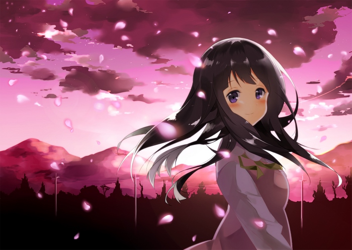 Eru Chitanda in a pink sky with falling petals