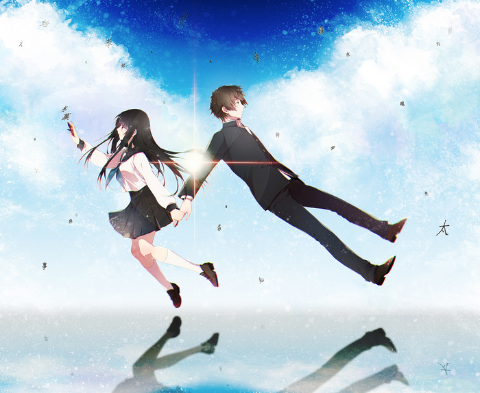 Eru Chitanda and male student floating in sky