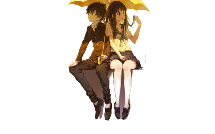 Hyouka Eru Chitanda and Oreki Houtarou with umbrella