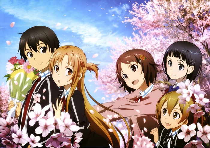 Characters from Sword Art Online with cherry blossoms