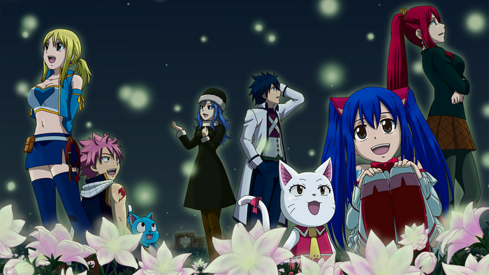 Fairy Tail characters in a garden at night