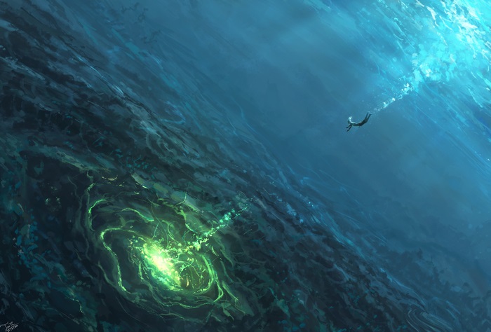 Person diving into a glowing underwater abyss