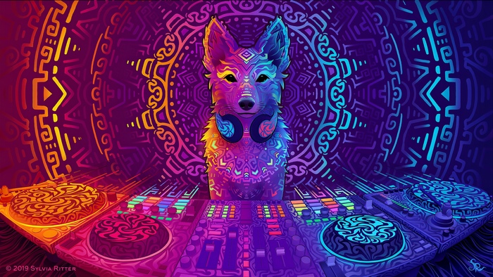 Psychedelic Wolf DJ with Turntables and Mandalas
