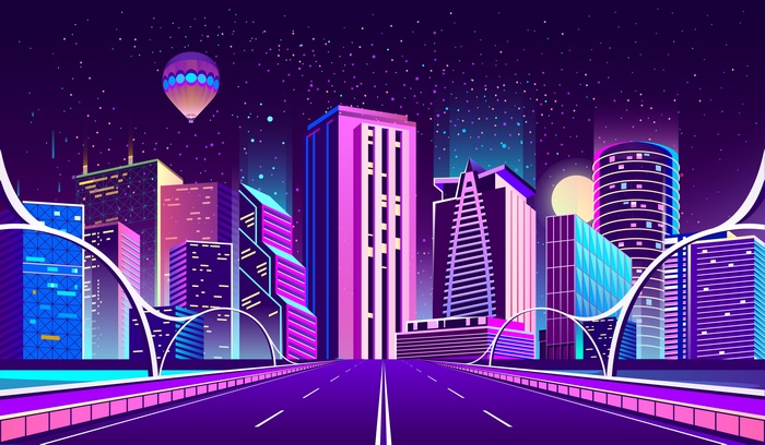 Neon Cityscape with Hot Air Balloon at Night