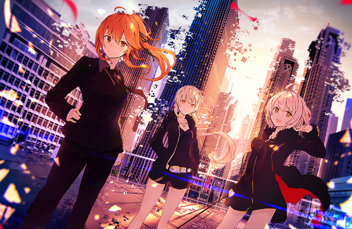Three anime girls in a futuristic city