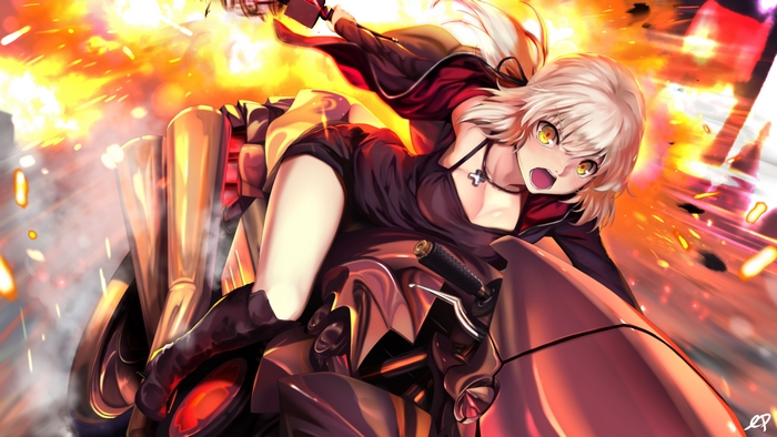 Saber Alter on a motorcycle with explosions