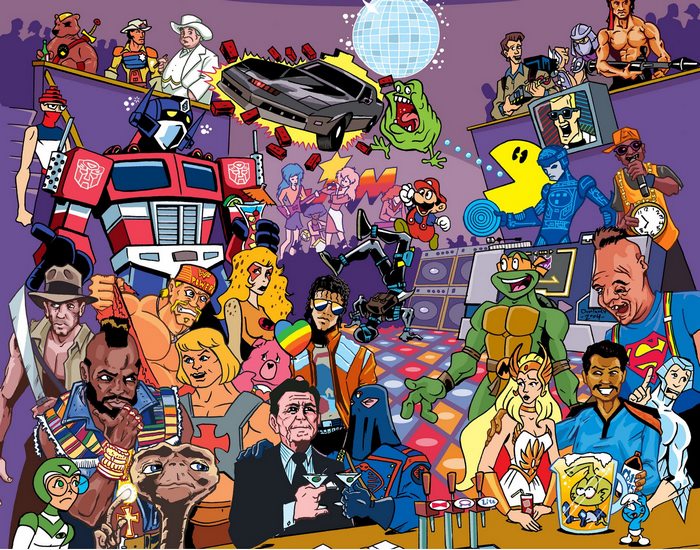 80s and 90s characters at a disco party
