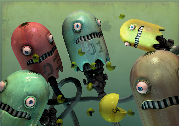 Robotic ghosts and Pac-Man characters in a digital scene
