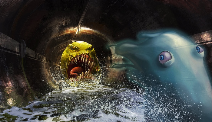 Pac-Man monster and dolphin in a sewer pipe