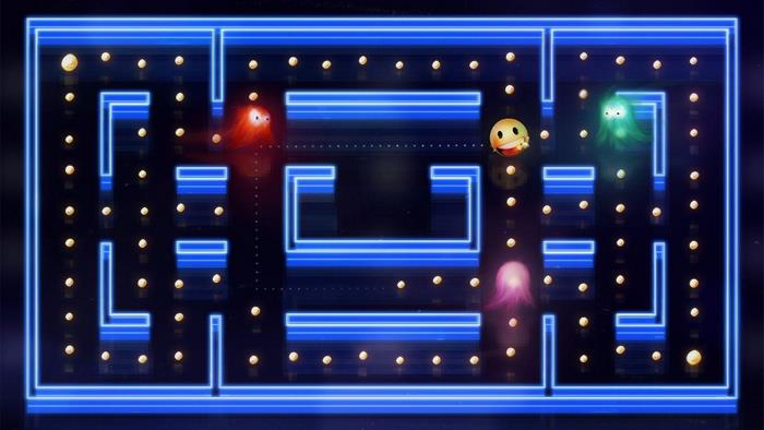Pac-Man and ghosts in a neon maze
