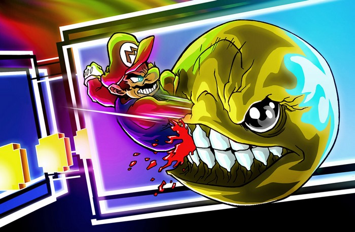 Mario punching a Pac-Man monster