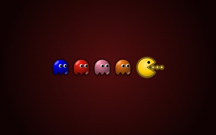 Pac-Man and ghosts on a dark red background