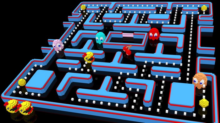 Pac-Man maze with ghosts and cherries