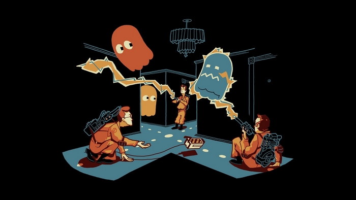 Ghostbusters and Pac-Man Ghosts in a Room