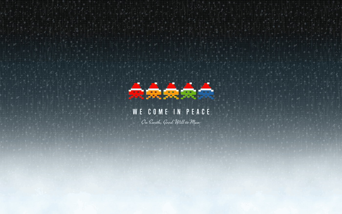 Pixelated aliens in Santa hats with text