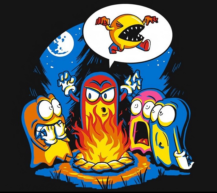 Pac-Man ghosts telling scary stories around a campfire