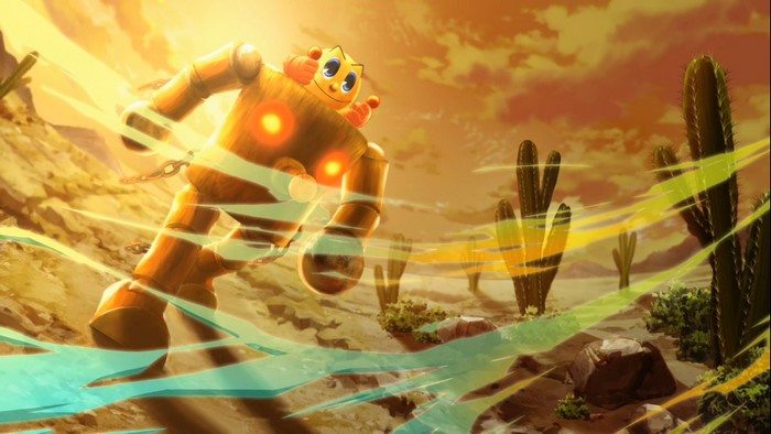 Pac-Man in a giant robot in a desert