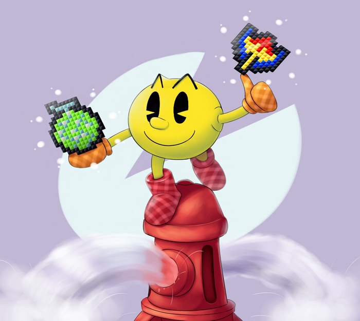 Pac-Man on a fire hydrant with items