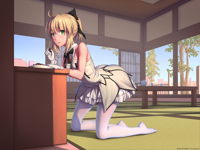 Saber Lily Kneeling Indoors in Elegant Outfit