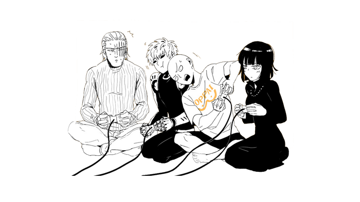 Characters from One-Punch Man playing video games