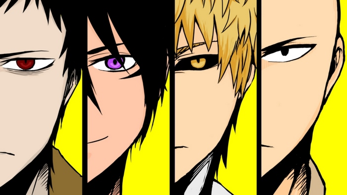 Four anime characters with distinct eyes on a yellow background