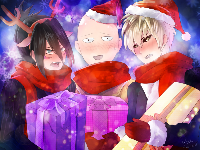 Fubuki, Saitama, and Genos from One-Punch Man with Christmas gifts