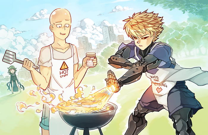 Saitama and Genos grilling in One-Punch Man