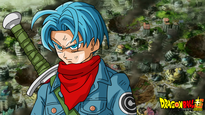 Future Trunks from Dragon Ball Super in a ruined city