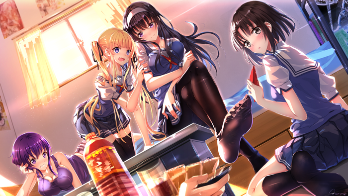 Four anime girls in school uniforms playing cards